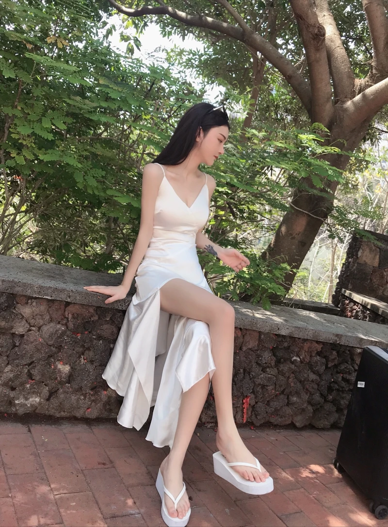 Women's Clothing Dresses summer new solid white dress long dresses sexy vintage Irregular spaghetti strap v-neck | Женская одежда