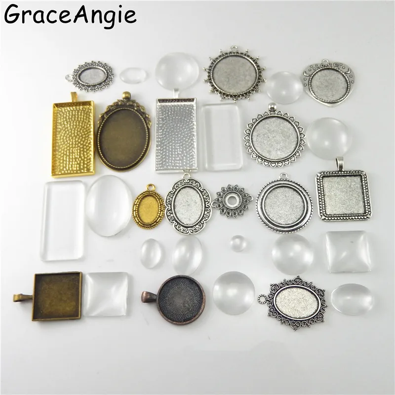 GraceAngie 15 комплектов смешанный подвесной лоток со стеклянными кабошонами основа
