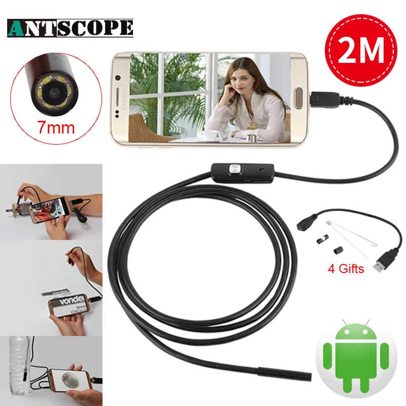 Antscope 7 мм 2 м USB эндоскопа Android 6 светодиодный телефон эндоскоп бороскоп Endoscopio мини