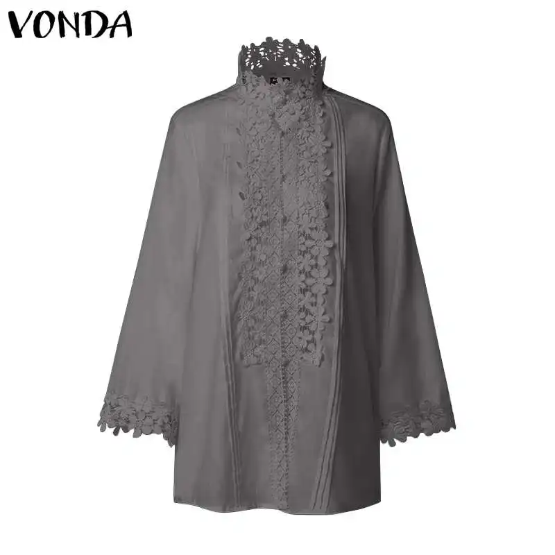 VONDA, летние женские блузки с цветочным рисунком,, винтажные, с рукавом семь, сексуальные, с v-образным вырезом, кружевные, OL, офисные рубашки, блузки, пляжные, вечерние, блузы большого размера - Цвет: Grey