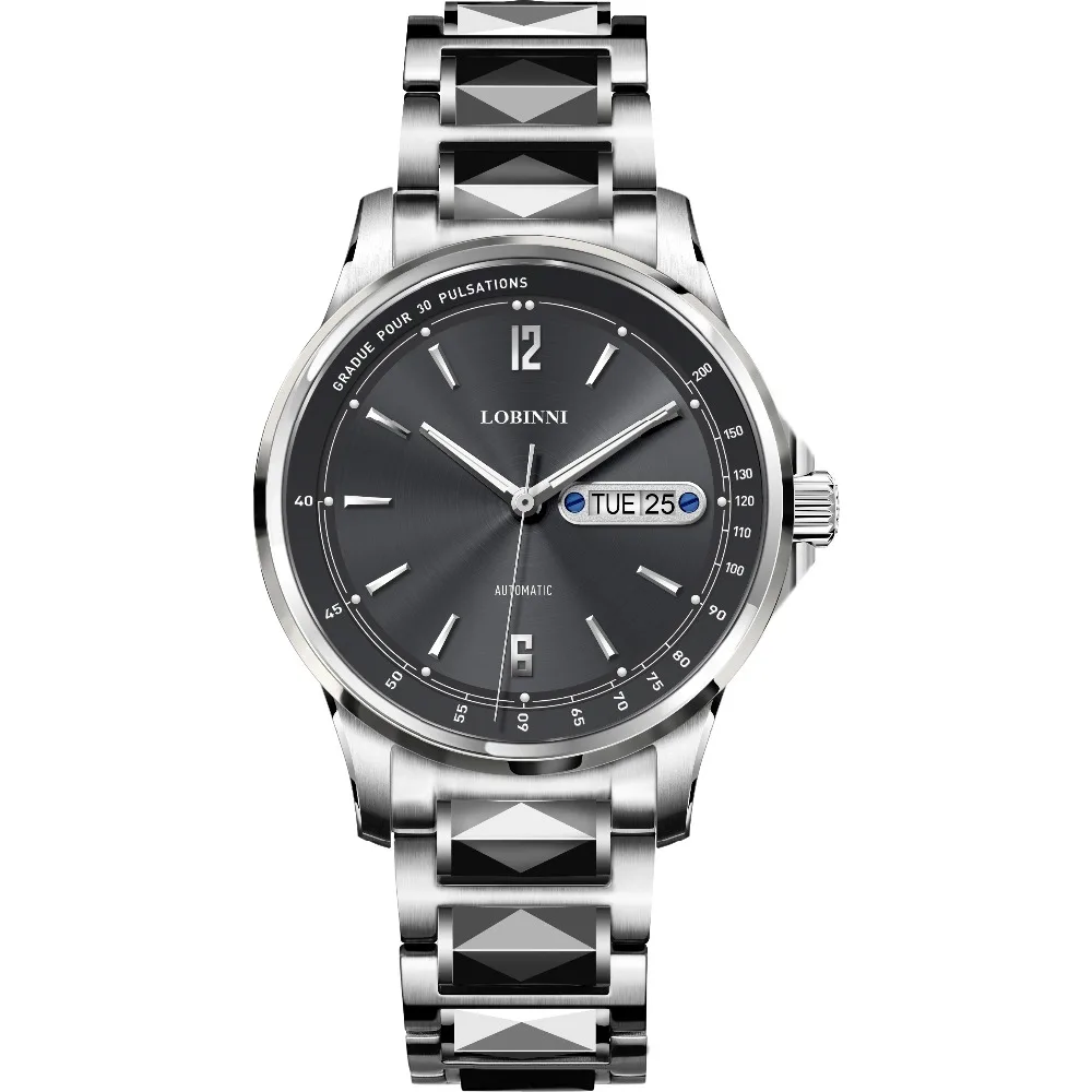 

Мужские водонепроницаемые часы LOBINNI со стальным ремешком, 50 м, деловой стиль, двойной календарь, сапфировое зеркало, автоматические механич...