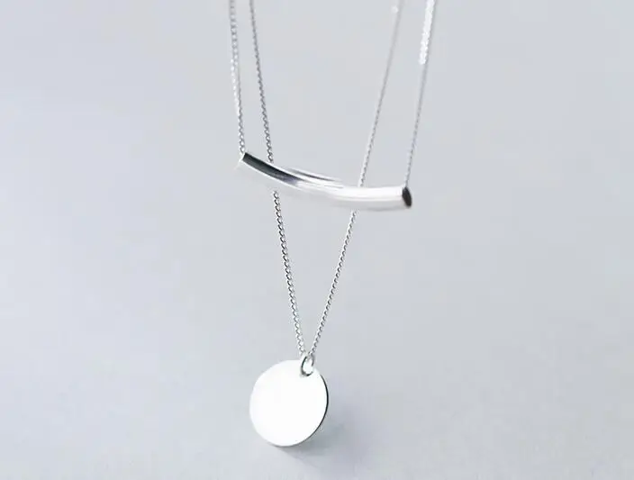 

real. 925 Sterling Silver Jewelry Double Rows Round Coin &Bar Necklace Multi-layers Pendant Choker Women's GTLX1242