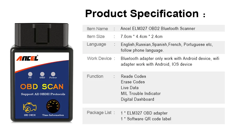 Ancel ELM327 OBD2 Bluetooth сканер ELM 327 V1.5 OBD 2 авто ODB автомобильный диагностический инструмент для считывания кода двигателя диагностический инструмент