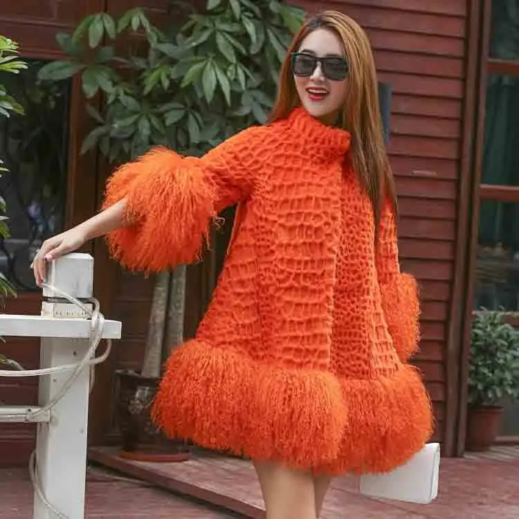 Orange Воротник-стойка, женское винтажное пальто из натурального кроличьего меха, с рукавом из овечьей шерсти и нижней частью, верхняя одежда по индивидуальному заказу tsr327 - Цвет: Orange