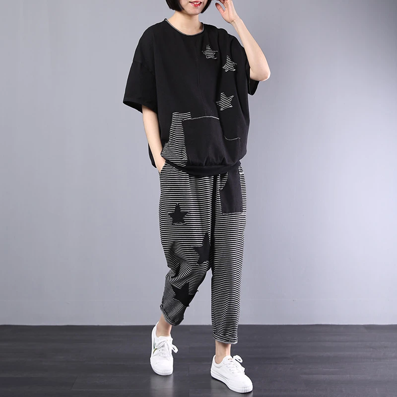 2019 новый летний комплект для женщин с коротким рукавом размера плюс свободные