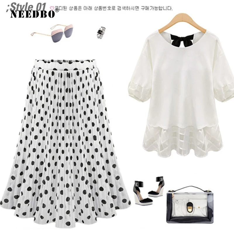 NEEDBO, модная шифоновая юбка, плиссированная, черная, в горошек, юбка миди, для женщин, для отдыха, пляжа, размера плюс, эластичная, высокая талия, женские юбки