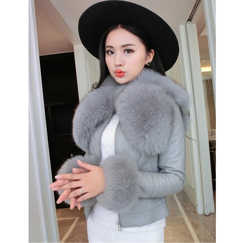 gray UHYTGF модная куртка из искусственной кожи роскошный меховой воротник короткий черный искусственный мех пальто зимние куртки женские manteau fourrure femme 934 - Цвет: gray
