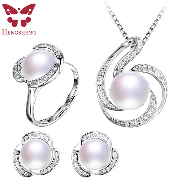 HENGSHENG Genuine Natural Pearl Women Jwelery Set Necklaces&Pendants&Earrings&Ring Big Bread Round with Zircon Flower| |