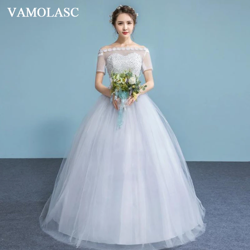 

VAMOLASC Flowers Boat Neck Lace Ball Gown Wedding Dresses Illusion Short Sleeve Sequined Backless Bridal Gowns