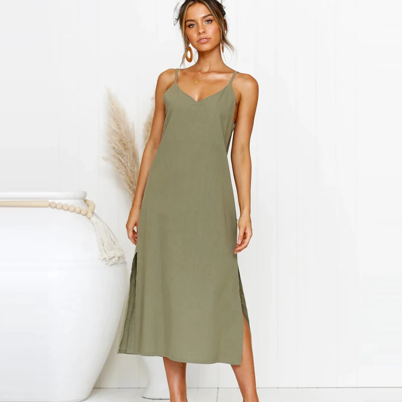 Женское платье на бретельках LOSSKY длинное черное без рукавов из хлопка и льна с