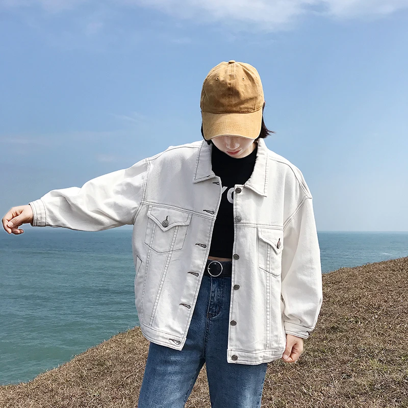 Женская джинсовая куртка белая Повседневная однотонная из денима свободная