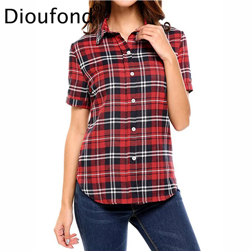 Новое поступление красная клетчатая женская рубашка Dioufond с коротким рукавом