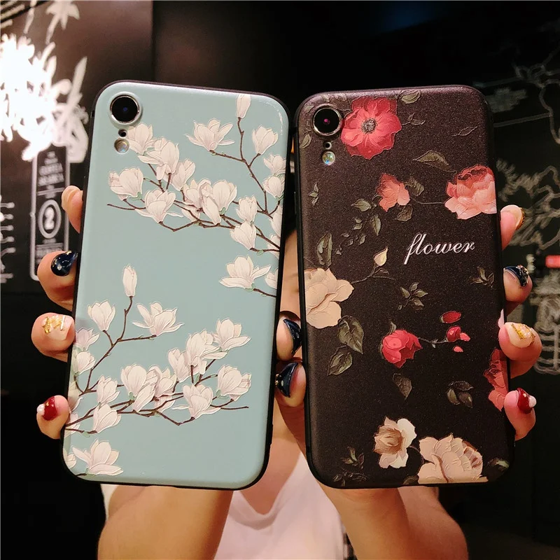 Rheinruby 3D Relief Flower Silicone Phone Case For iPhone X XS Max XR Rose Floral 7 8 6S Plus Soft TPU Cover |