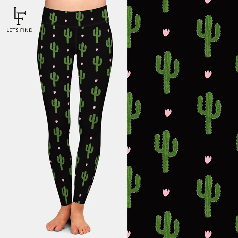 LETSFIND Women High Waist Pants Fashion Cactus Print Fitness Elastic Pants 220gsm Double Side Brushed Milk Silk Print Leggings