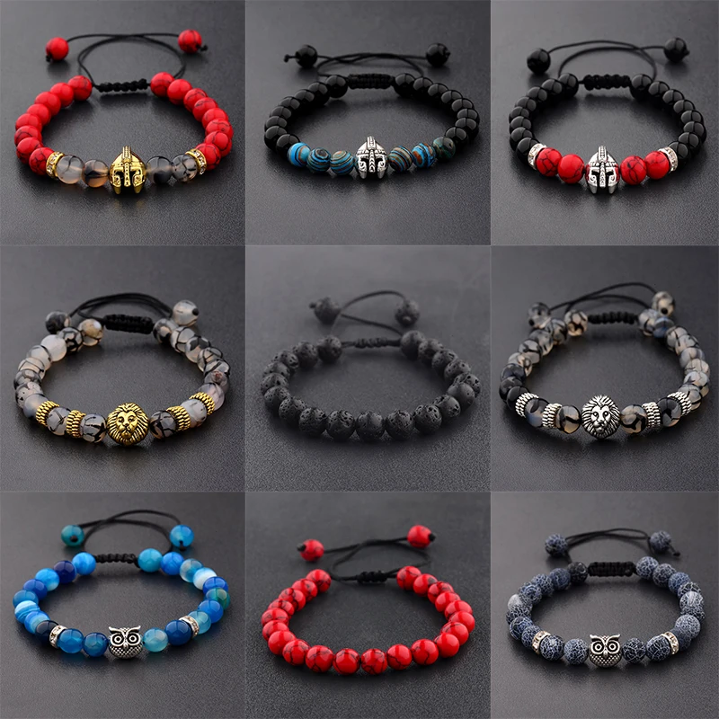 

OIQUEI Metal Helmet Owl Lion head Beaded Bracelet Men Colorful Stone Beads Adjustable Bracelets Mala Yoga Bracelet For Women