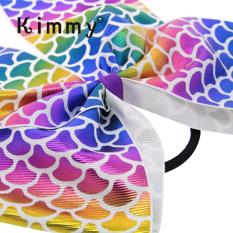 2pcs free shipping 7'' Large Mermaid Ribbon Cheerleading Hair Bows Hologram Printed Elastic Band Bow Children | Детская одежда