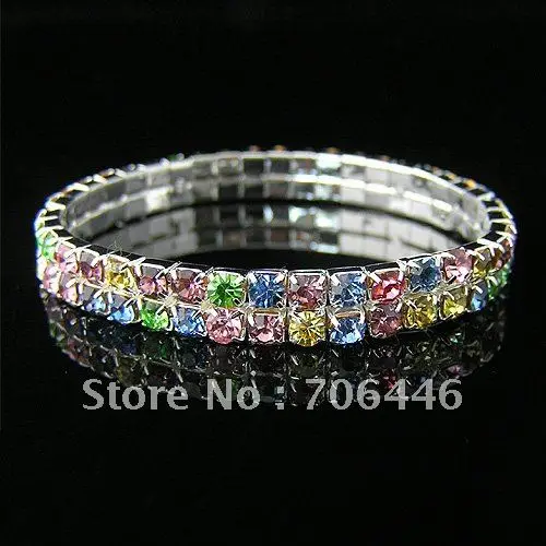 

FREE SHIPPING 2 ROWS MUTICOLOR RHINESTONE STRETCH BRIDAL WEDDING BRACELET