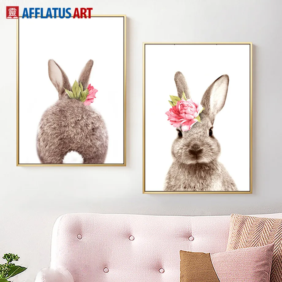 

Wreath Peony Flower Rabbit Photo Art Canvas Painting Nordic Posters And Prints Wall Pictures For Living Room Kids Room Decor