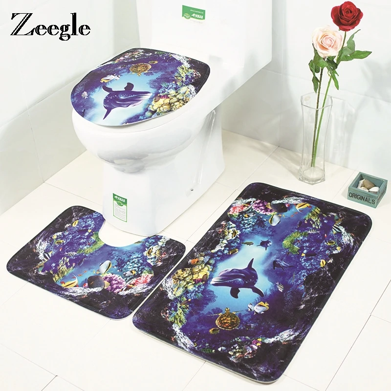 

Zeegle 3pcs Bathroom Mat Set Sea Waves Pattern Bath Mat Non-slip Bathroom Floor Rugs Shower Mat Flannel Toilet Mats Bathroom Rug