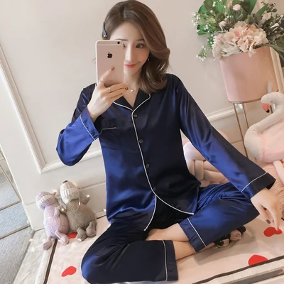 C Q 655 lan WAVMIT Заводская распродажа, женские пижамные комплекты, красивая Домашняя одежда, шелковые пижамы с длинным рукавом, удобные свободные пижамы для девочек - Цвет: C Q 655 lan