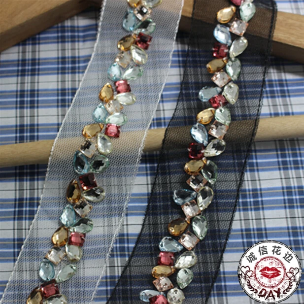 

2Yards New Arrival Beaded Rhinestones DIY Lace Ribbon Beading Lace Trims Accessories For Dress Sewing Lace Collar Neckline