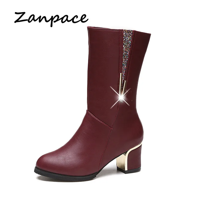 Zanpace/; сапоги с круглым носком; дизайн; женская обувь на молнии сбоку; обувь на каблуке с блестками; идеальные нейтральные женские сапоги