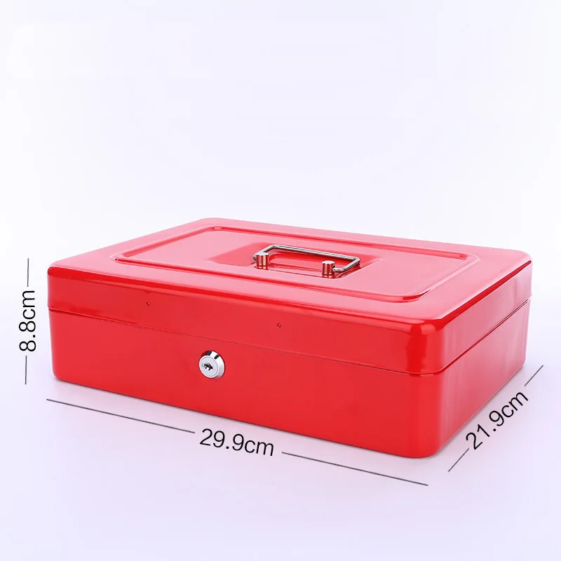 Red 1" дюймовый портативный кассовый ящик с лотком ключ запираемый депозит стальной Олово металлический банк денег домашний магазин ювелирных изделий Сейф 30x22x9 см - Цвет: Red