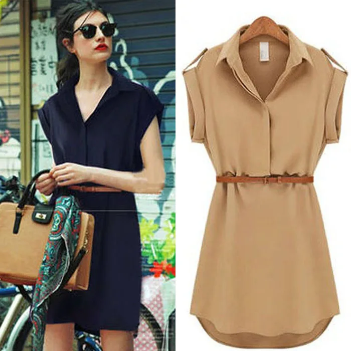 Feitong 2014 Hot Saels New Arrival 1PC Women Short Sleeve Belt Shirt Stretch Chiffon Casual OL Dress Free shipping &amp wholesale |