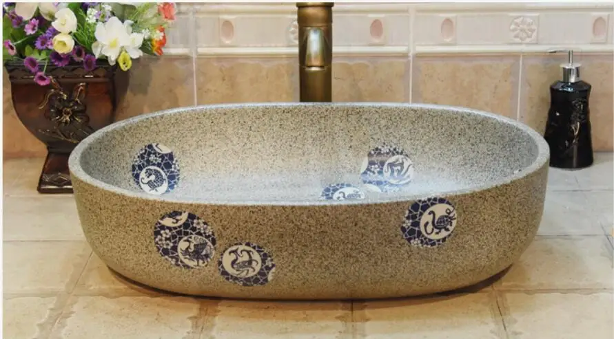 

Rectangular Bathroom Lavabo Ceramic Counter Top Wash Basin Cloakroom Hand Painted Vessel Sink JYX013