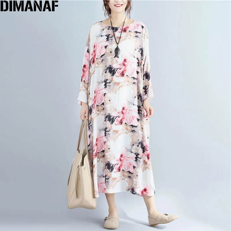 DIMANAF Plus Size Autumn Women Dress Linen Floral Print Vintage Casual Female O Neck Pink Oversize Elegant Large Thin 5XL|Женские