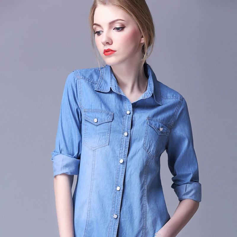 2017 весенние облегающие Женские джинсовые рубашки с длинным рукавом и пуговицами