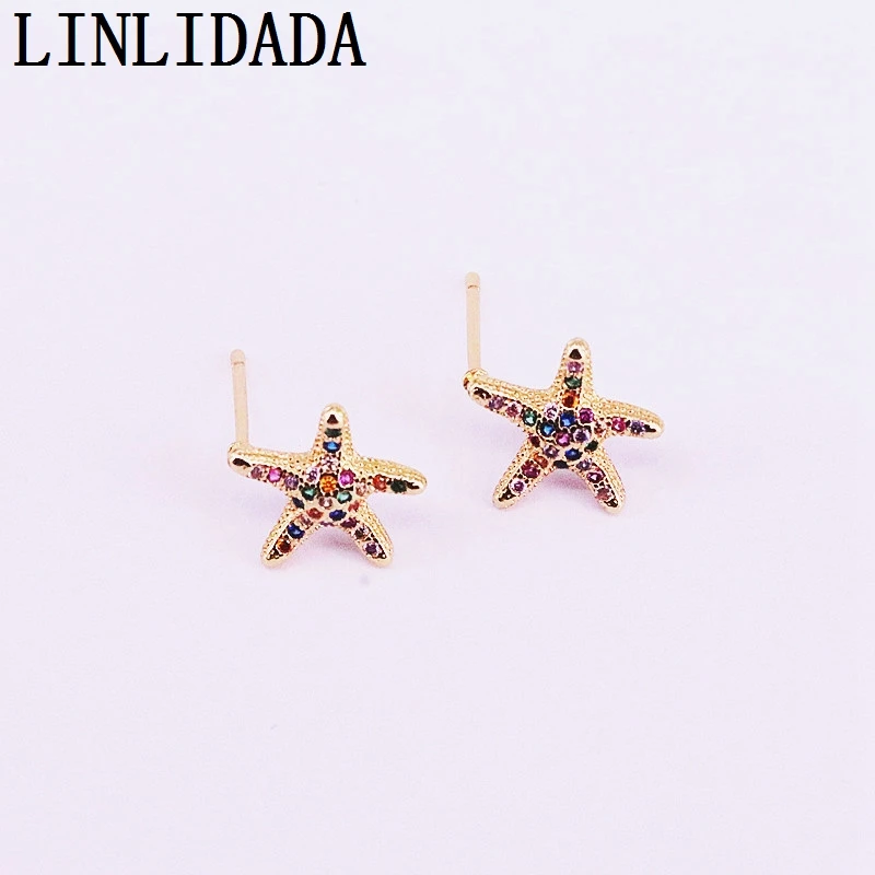 10 пар Позолоченные Модные очаровательные серьги-гвоздики Starfish, радужные циркониевые украшения со стразами, серьги для женщин и девушек