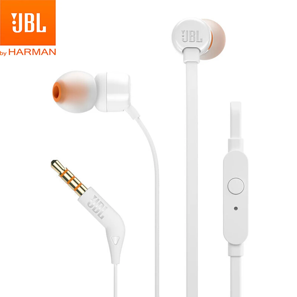 Белый JBL T110 3,5 мм проводные наушники стерео музыка бас гарнитура спортивные наушники встроенный контроль Hands-free с микрофоном наушники - Цвет: Белый