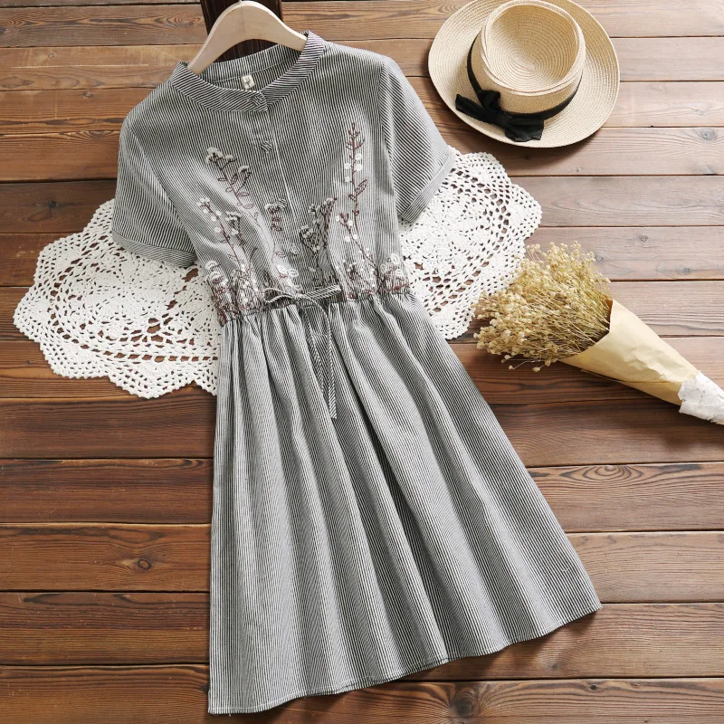 Женское винтажное платье в полоску Элегантное летнее трапеция из хлопка и льна с