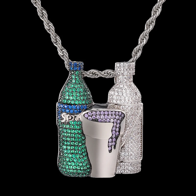 Многоцветный кубический циркон Iced Out Блестящий винный флакон фиолетовый зеленый серебряный кубок комбинированный кулон и ожерелье для мужчин хип-хоп ювелирные изделия