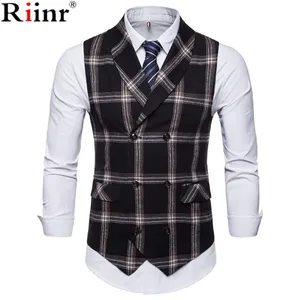 Riinr Новый Классический Клетчатый костюм, мужской приталенный двубортный жилет, мужской деловой свадебный жилет-смокинг, жилет для мужчин