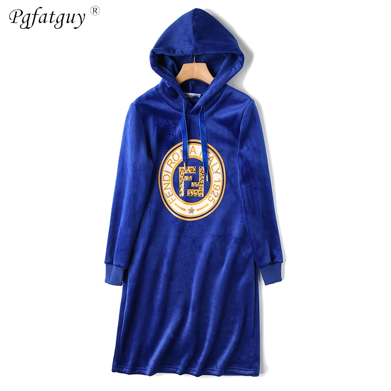 2019 New Autumn Beading Warm Sweater Dress Women Sexy Slim Female Hooded Drawstring Long Sleeve Gold Velvet Vestidos | Женская одежда