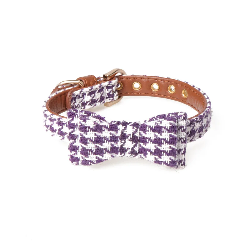 purple collar Клетчатый бант домашних животных ошейник для собак кожаный регулируемый маленький Чихуахуа собаки ожерелье бандана щенок ошейники для кошек поводки Набор - Цвет: purple collar