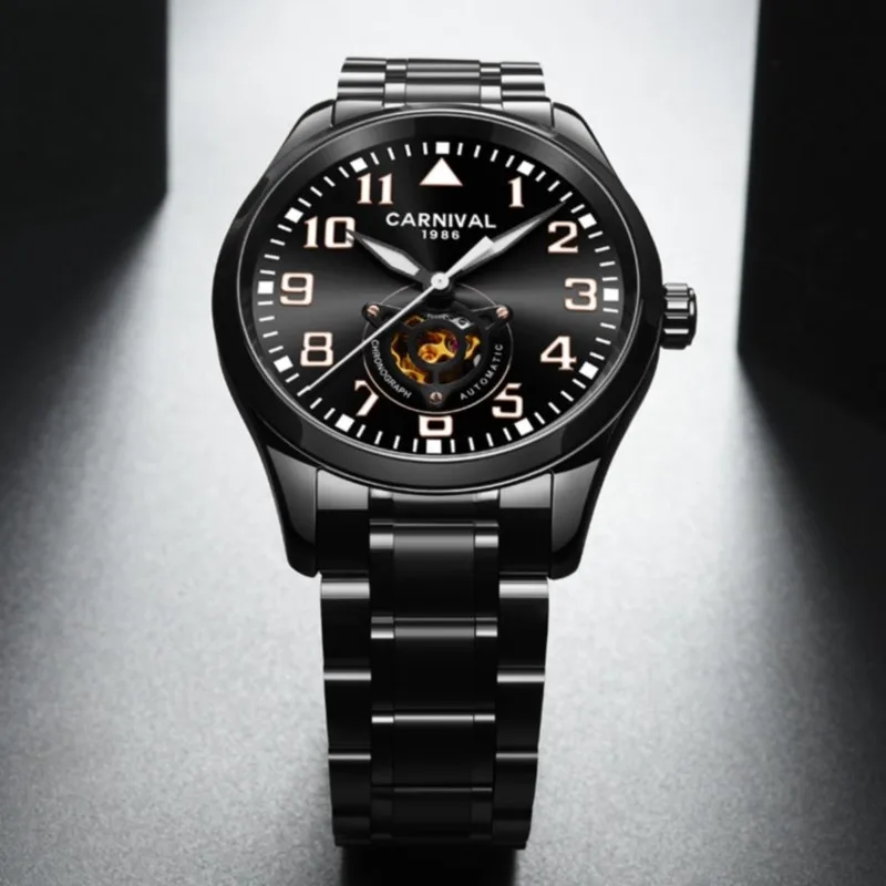 Ультратонкие автоматические часы топ бренд CARNIVAL Black Tourbillon механические из