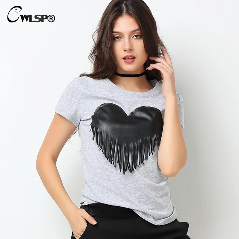 Женские кожаные футболки CWLSP хлопковые топы с коротким рукавом и круглым вырезом
