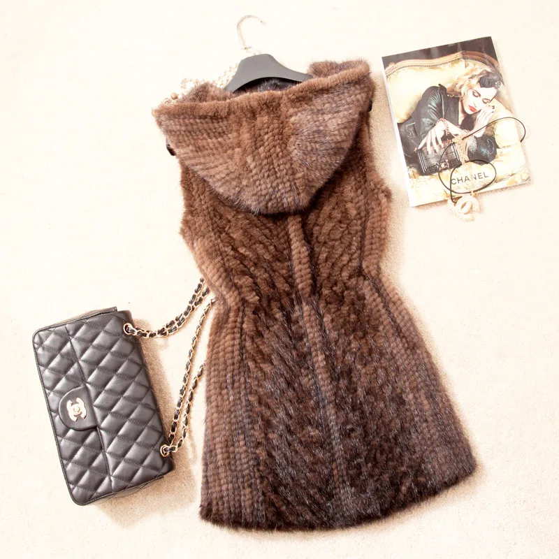 2017 осень-зима Для женщин натуральная вязаной норки Мех жилет с капюшоном леди