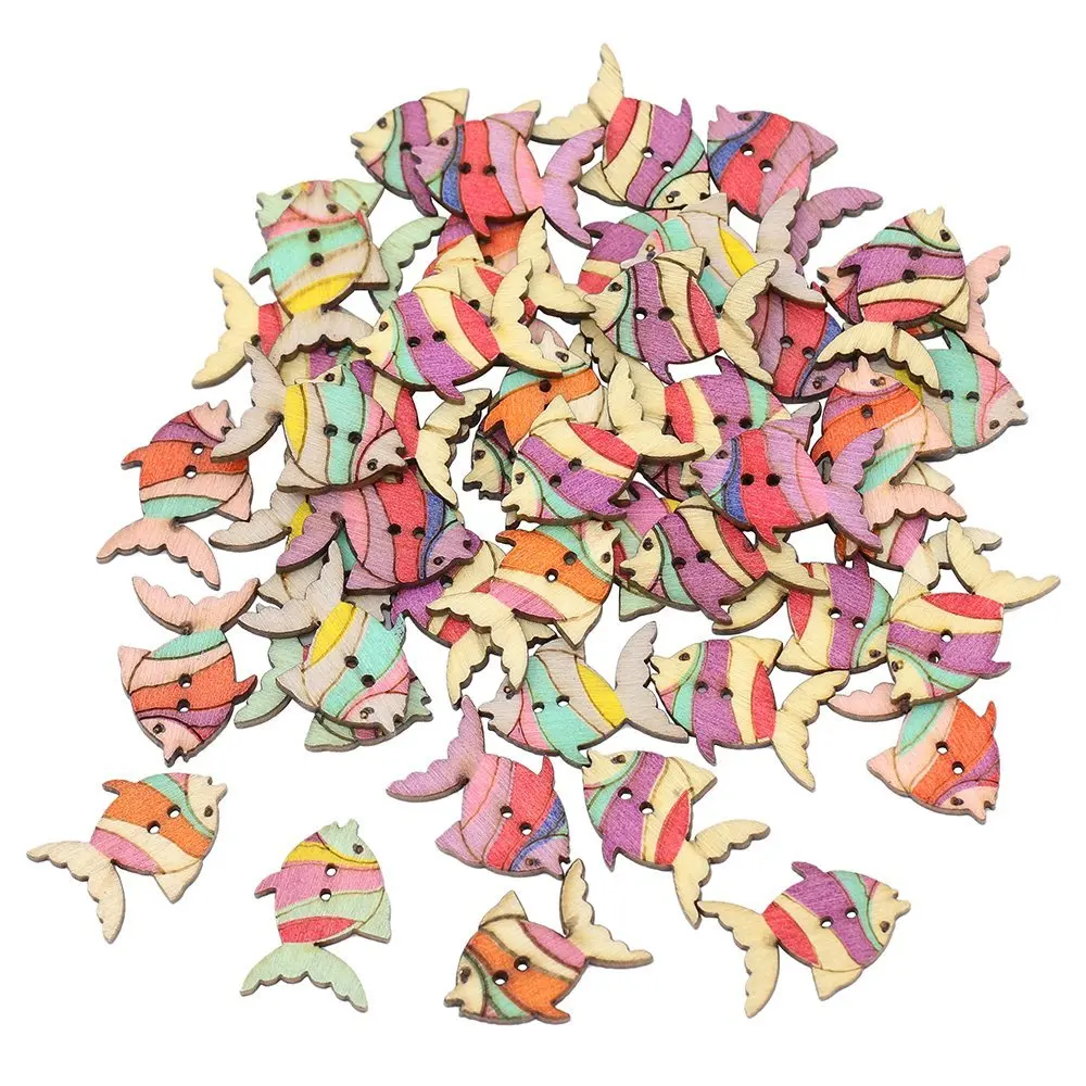 Красочные 100 шт./компл. пуговицы с 2 отверстиями и рисунком в виде милой рыбы