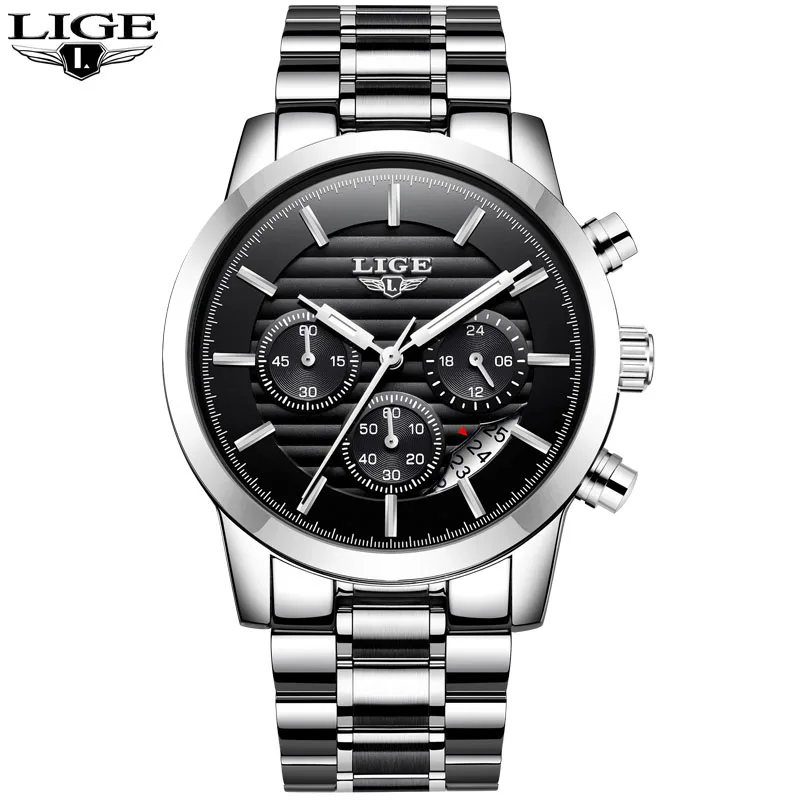steel silver black LIGE мужской роскошный бренд часов полная сталь кварцевые часы мужские военные водонепроницаемые платья спортивные мужские модные повседневные relogio masculino - Цвет: steel silver black