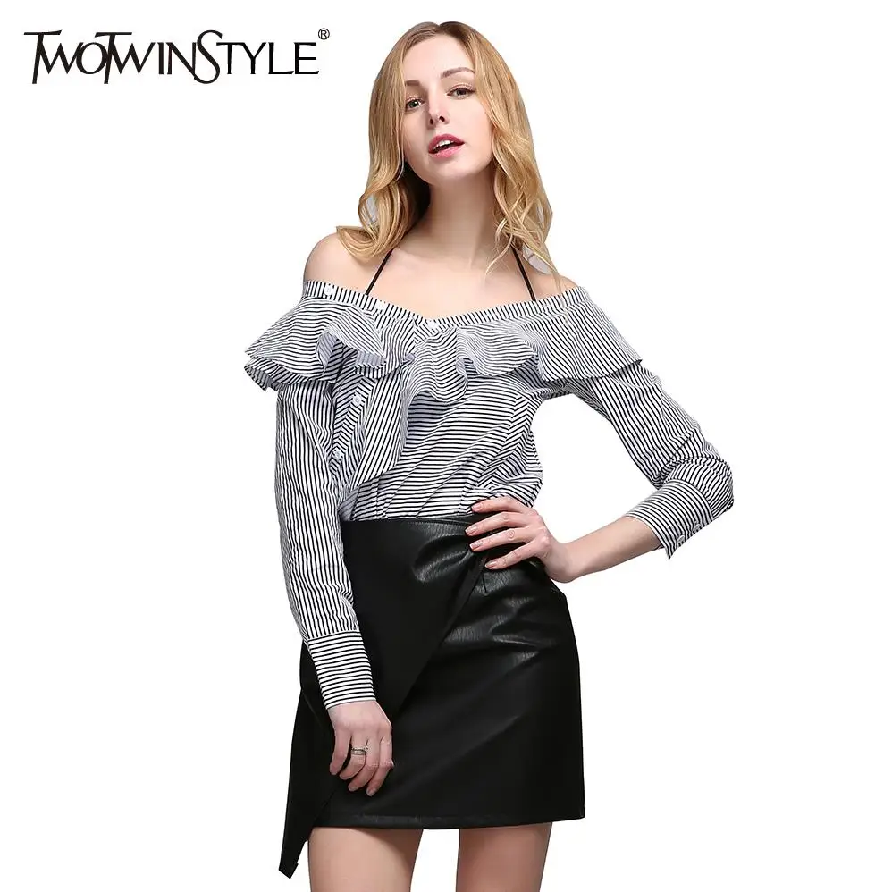 TWOTWINSTYLE, с открытыми плечами, Сексуальная рубашка, с оборками, в полоску, с длинным рукавом, женская блузка, топы, женская повседневная одежда, весна-лето - Цвет: black striped