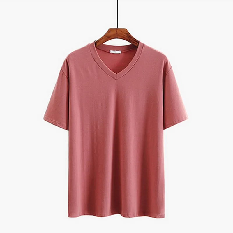 Casual Cotton T-shirts Summer Short Sleeve Tee For Women V-neck Solid Color Brief Tshirts Female Loose Bottoming Tops 9 | Женская одежда