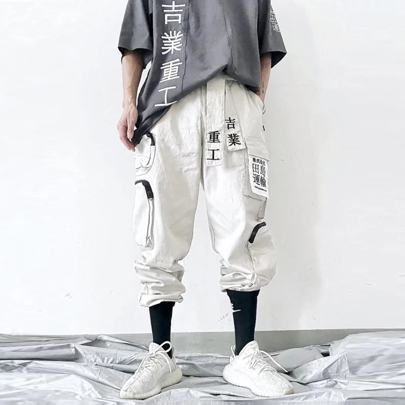 Black Loose Cargo Pants Men with Straps Beige Boyfriend Women Hip Hop Casual Streetwear Men's Summer Trousers | Мужская одежда