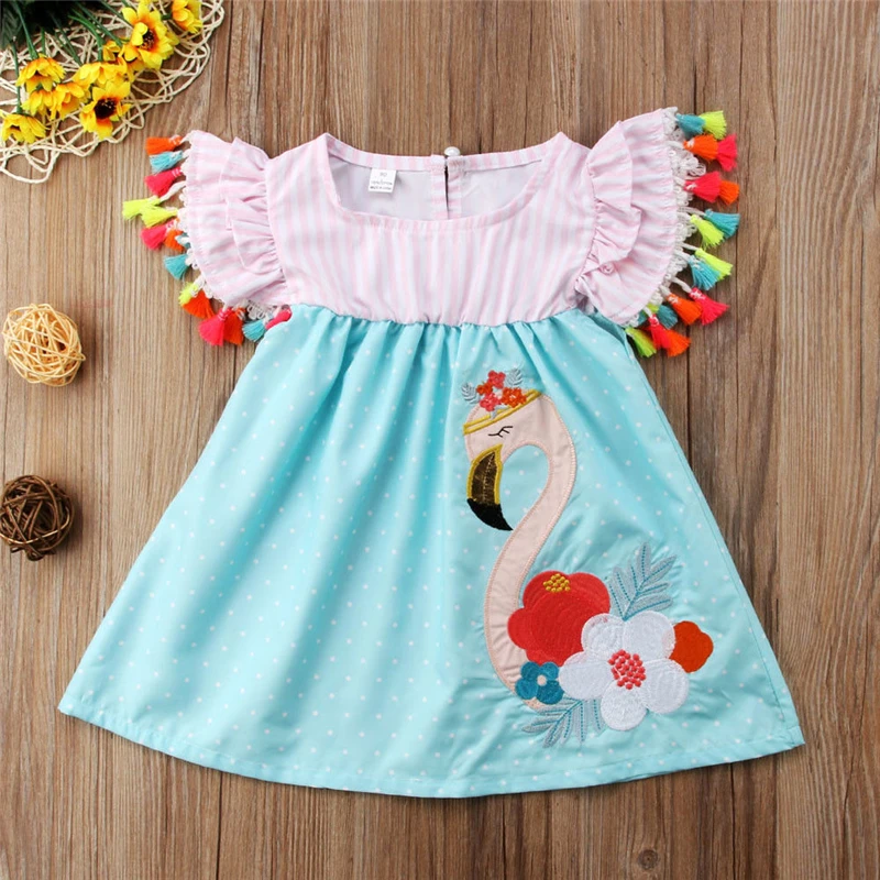 2018 1-6T Adorable New Toddler Kids Girls Floral Flamingo Summer Dress Casual Boho Beach Sundres tassels Cute elegant | Детская одежда
