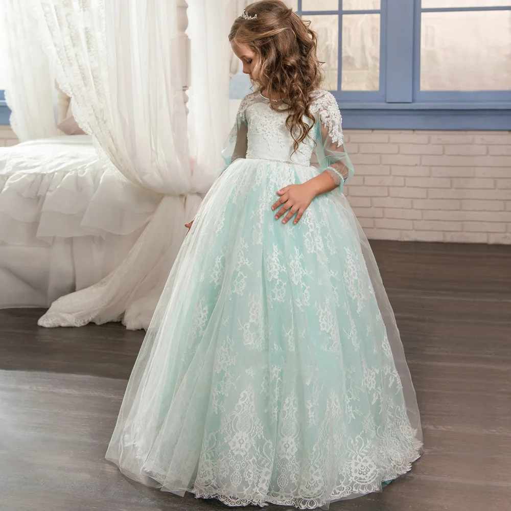 

Lace appliques ball gown performance dresses little girl beading sash flower girl dresses birthday party dresses long sleeves