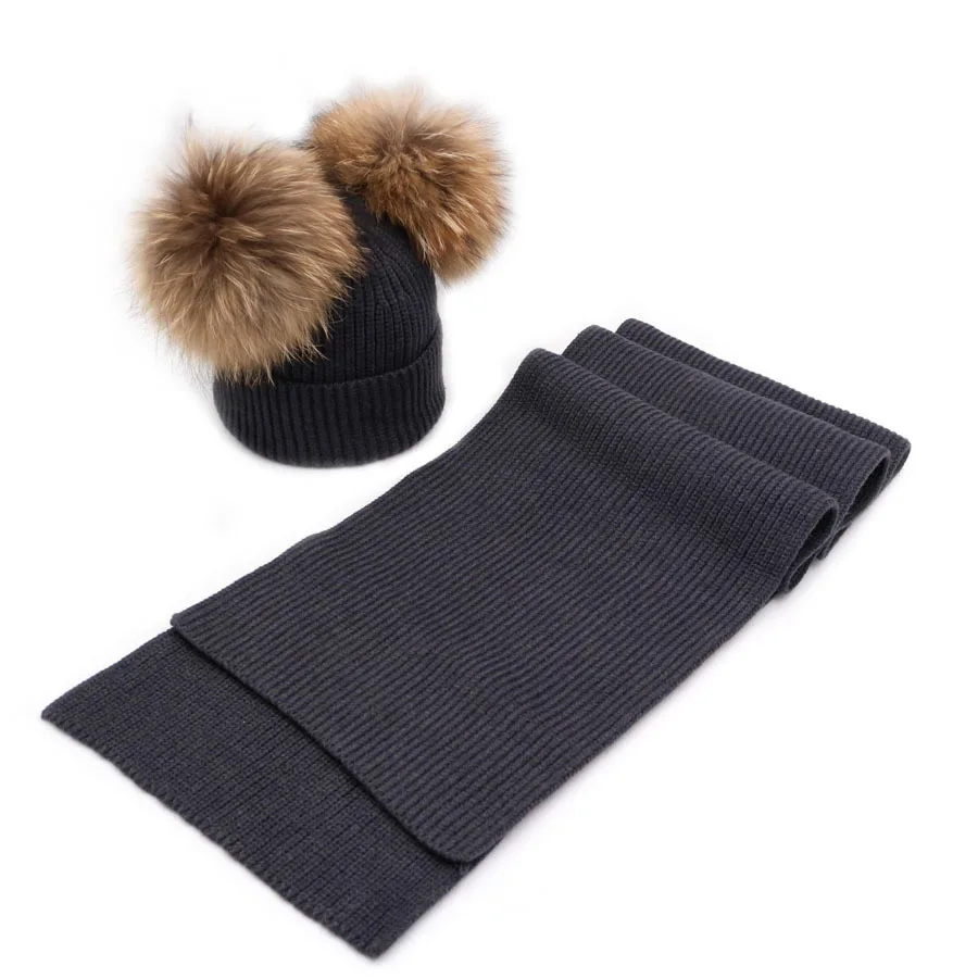 Children's Winter pom Hat and Ccarf Sets Girls Boys Real Fur Wool Beanie Hats Kids Warm Neckerchief Caps 6M-5T | Детская одежда и