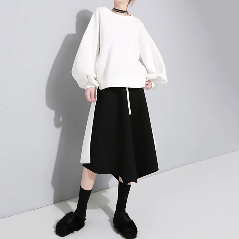TWPTWINSTYLE пояс лук Толстовка для женщин латерн рукав круглый воротник короткий пуловер Топы Осень Зима Женская свободная модная одежда
